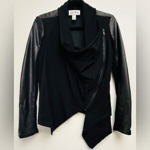Vintage Joseph Ribkoff Black Faux Leather Sleeve Asymmetrical Moto Jacket